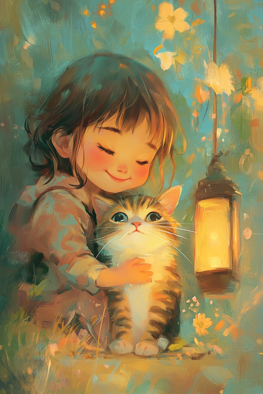 Illustrazione fiabesca di un bambino in stile anime con colori pastello vivaci