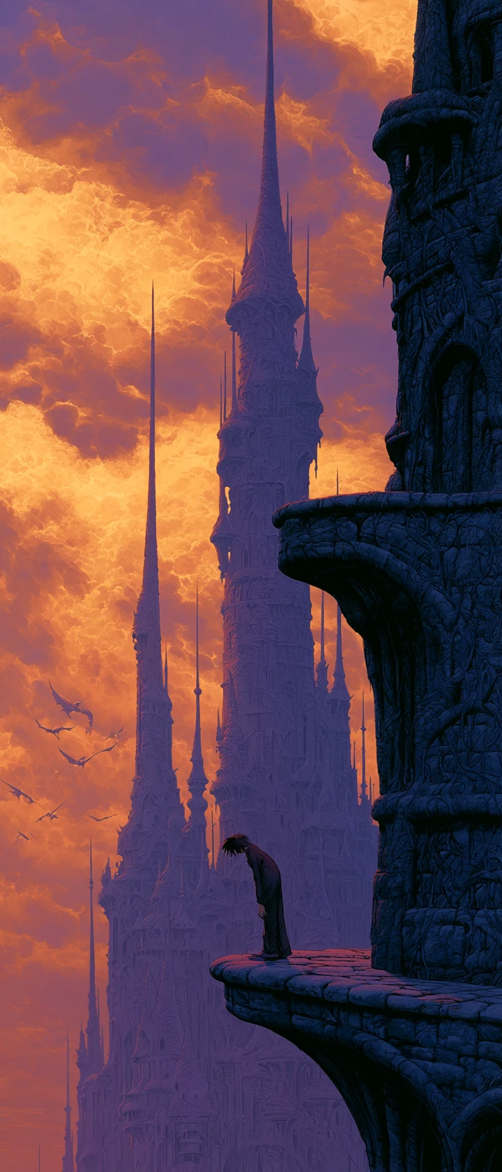 Héros d'anime en deuil sur le balcon d'une imposante forteresse fantastique