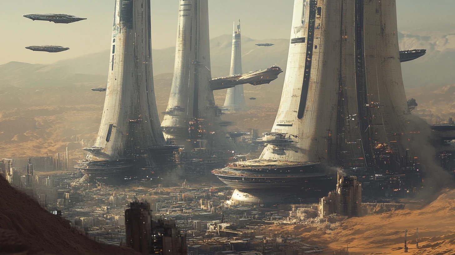 Vastes villes futuristes dressées sur des piliers colossaux au-dessus du désert