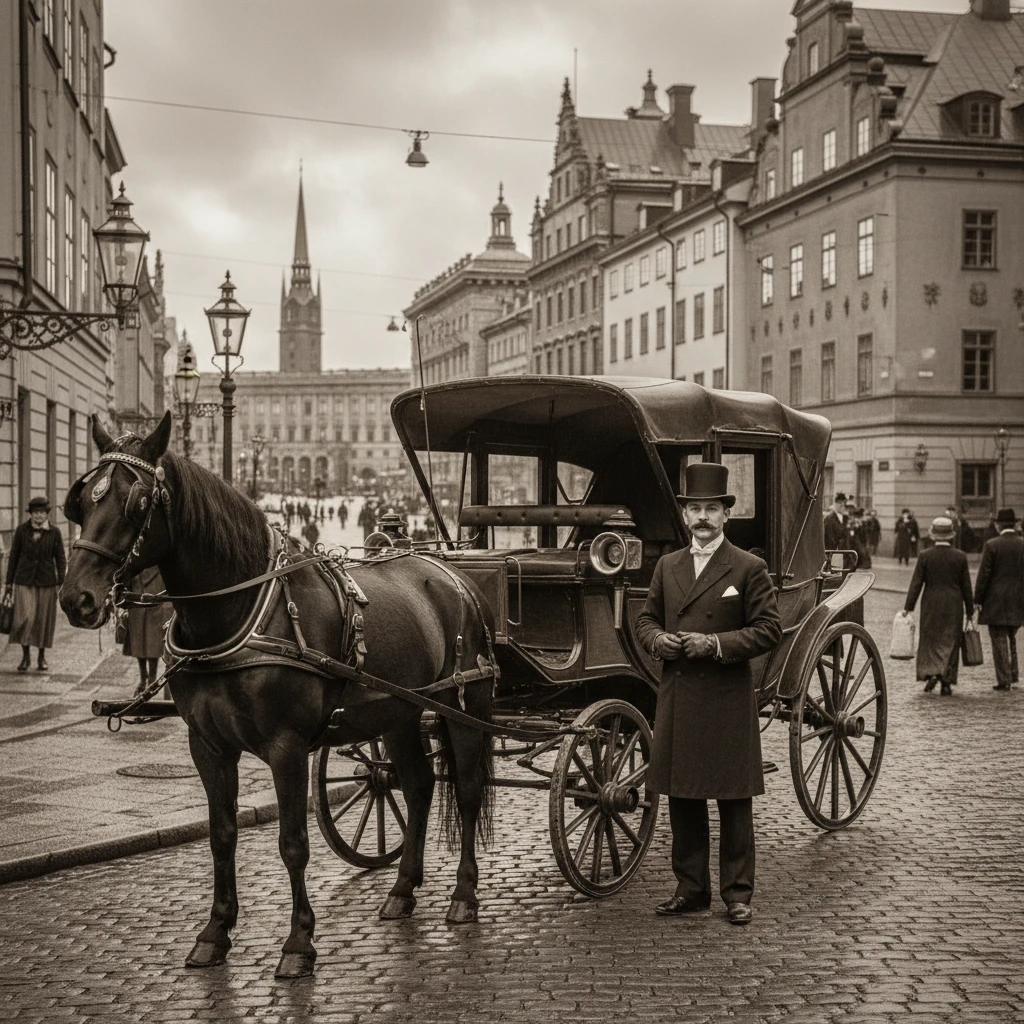 Vintage Swedish horse carriage taxi on a Stockholm street