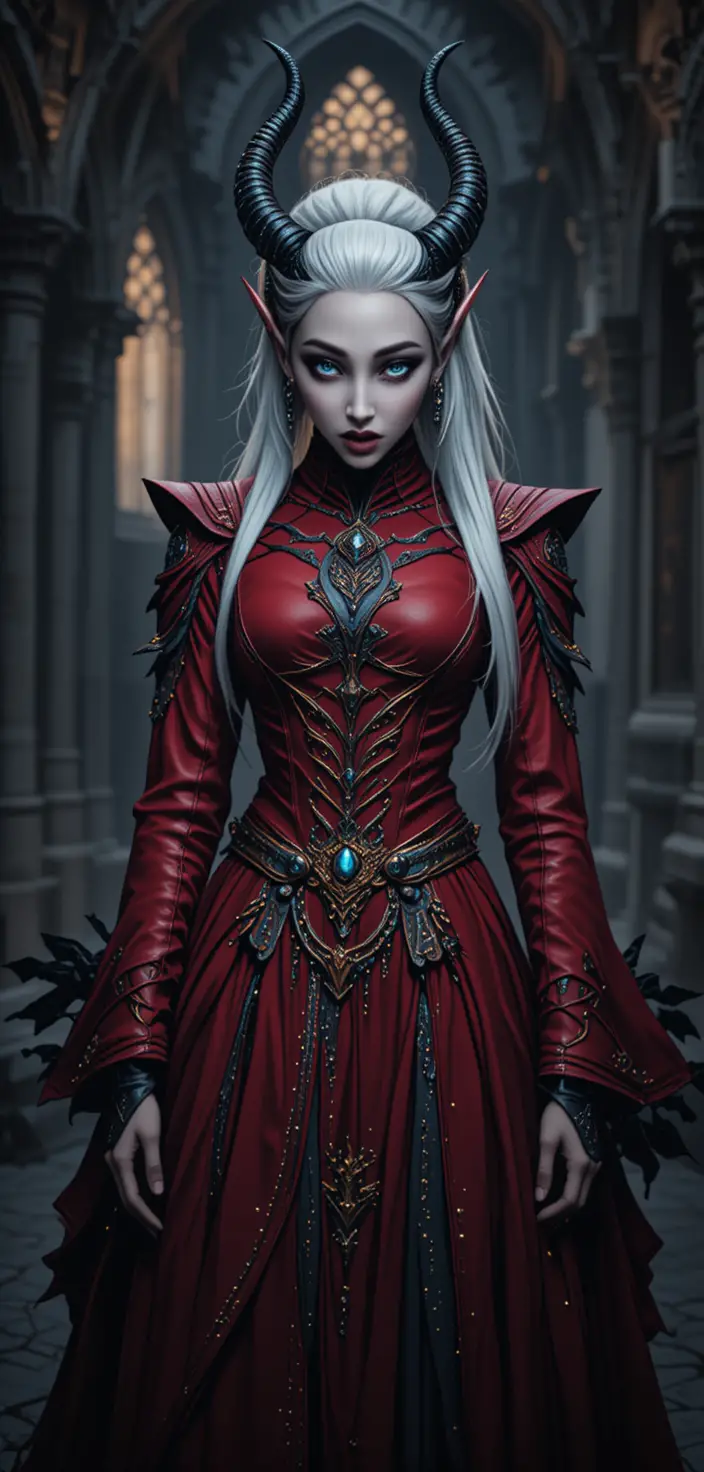 Donna tiefling in rosso in una oscura chiesa gotica