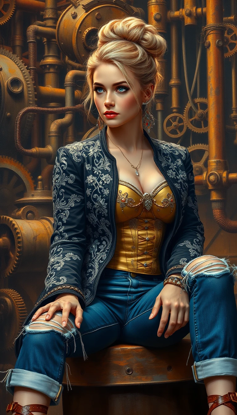 Elegante donna in officina steampunk in scena a olio