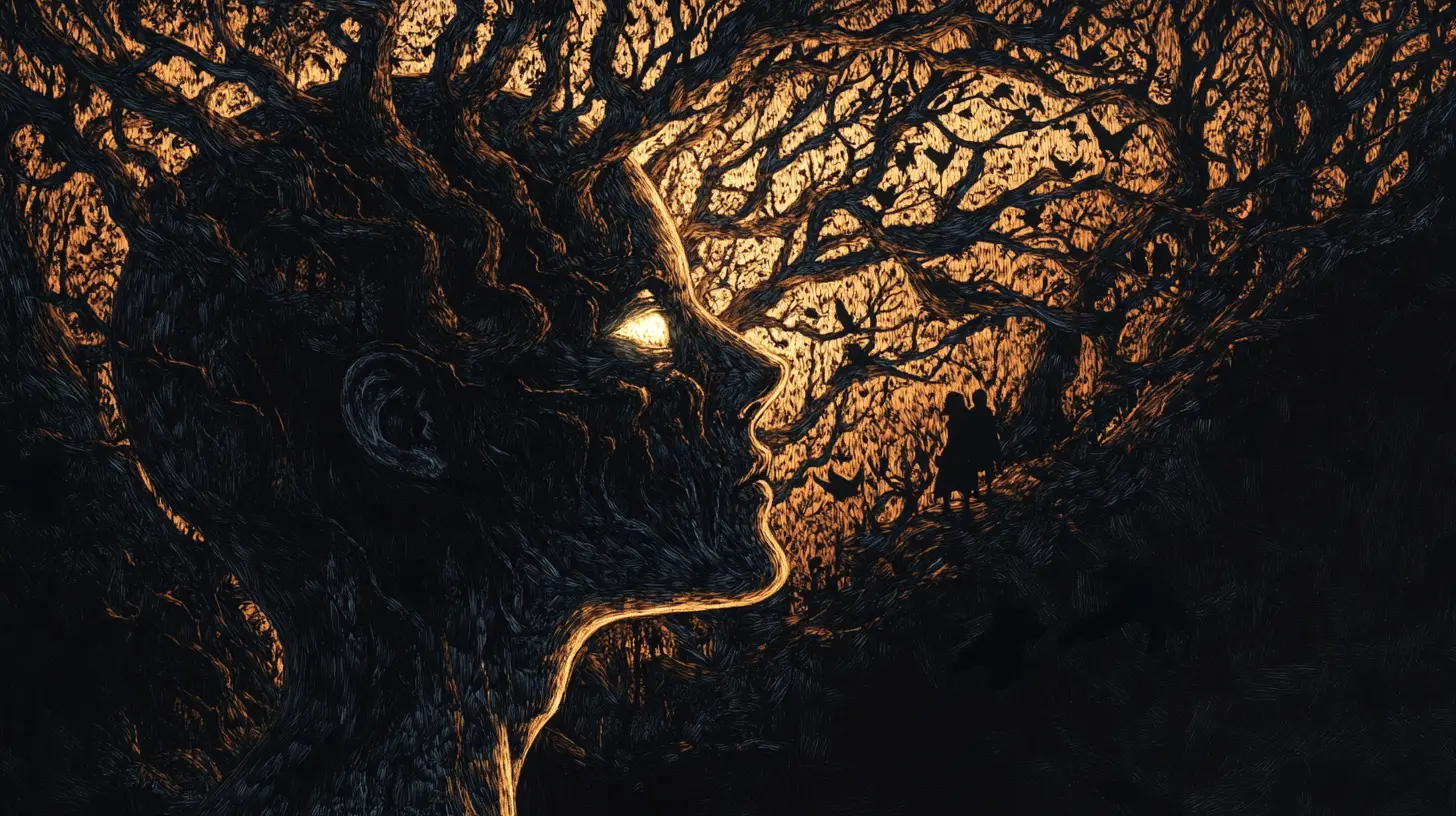 Silhouette umana riempita da foresta incantata e volti nascosti