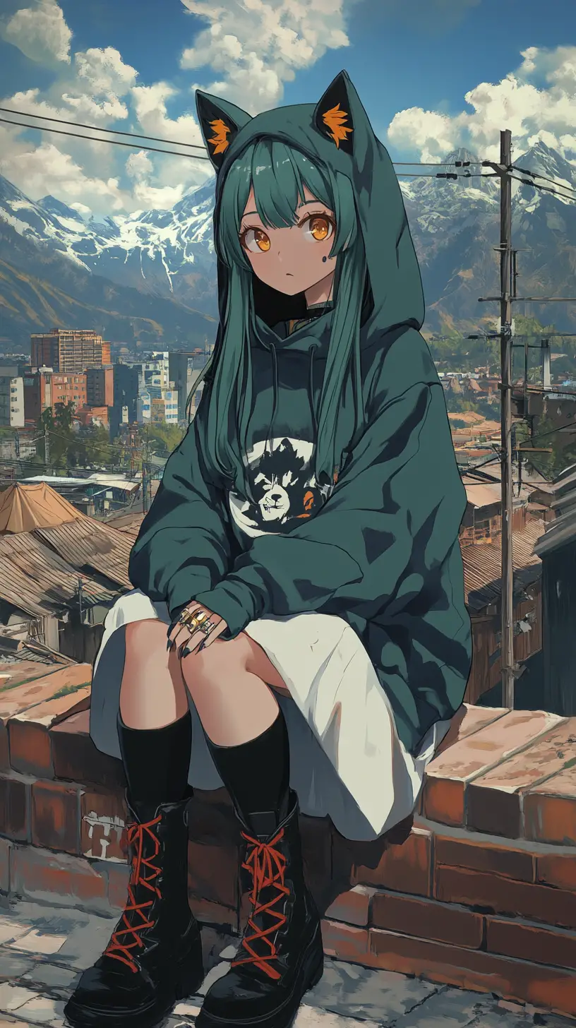 山のキャンプに座る緑のパーカーのアニメ少女