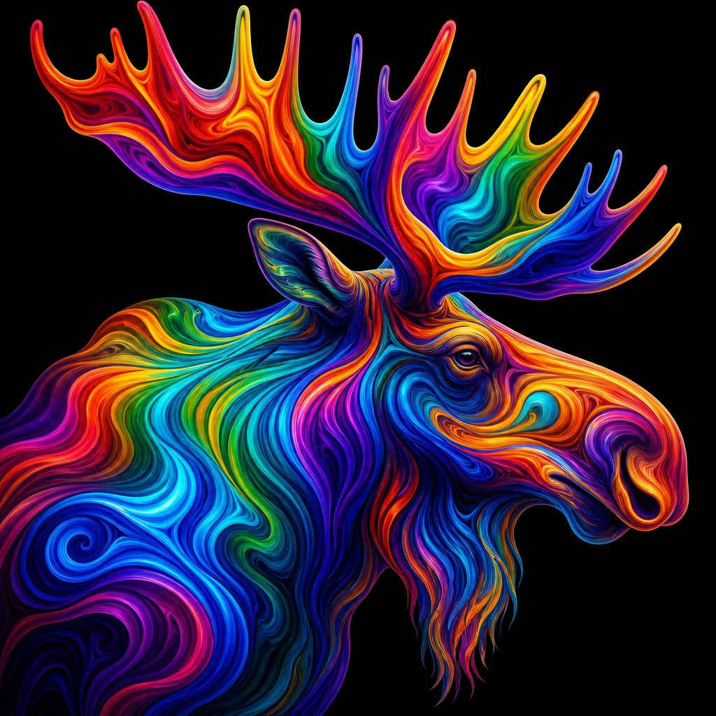 Alce arcobaleno psichedelico in profilo astratto fluido