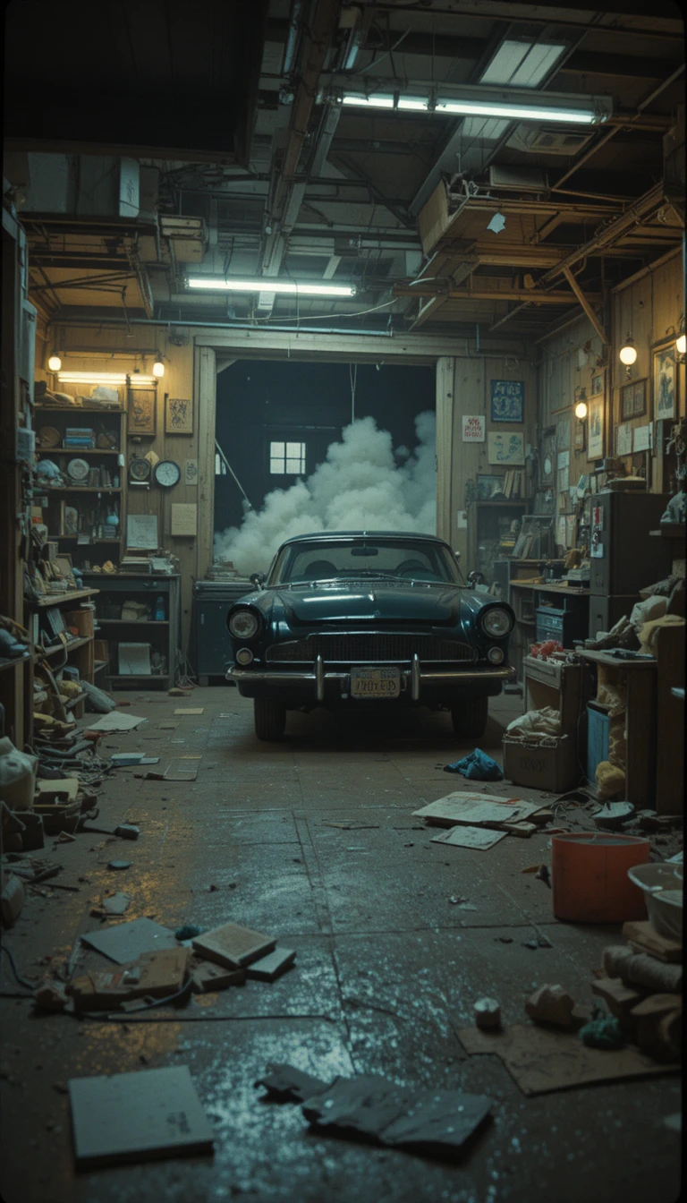 Carro vintage estacionado em uma cena clássica de garagem retrô