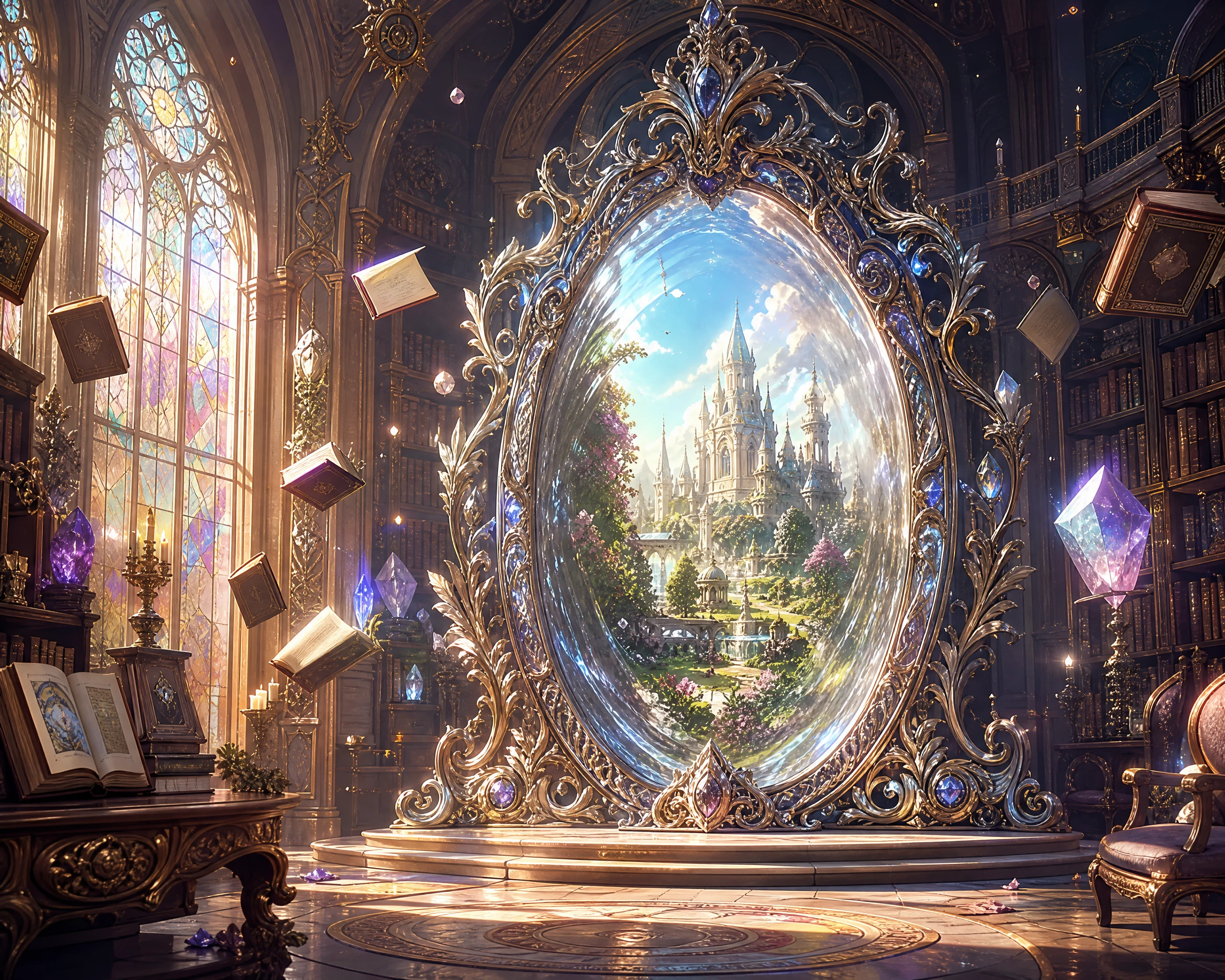 Ornate elven mirror portal in an ancient fantasy library