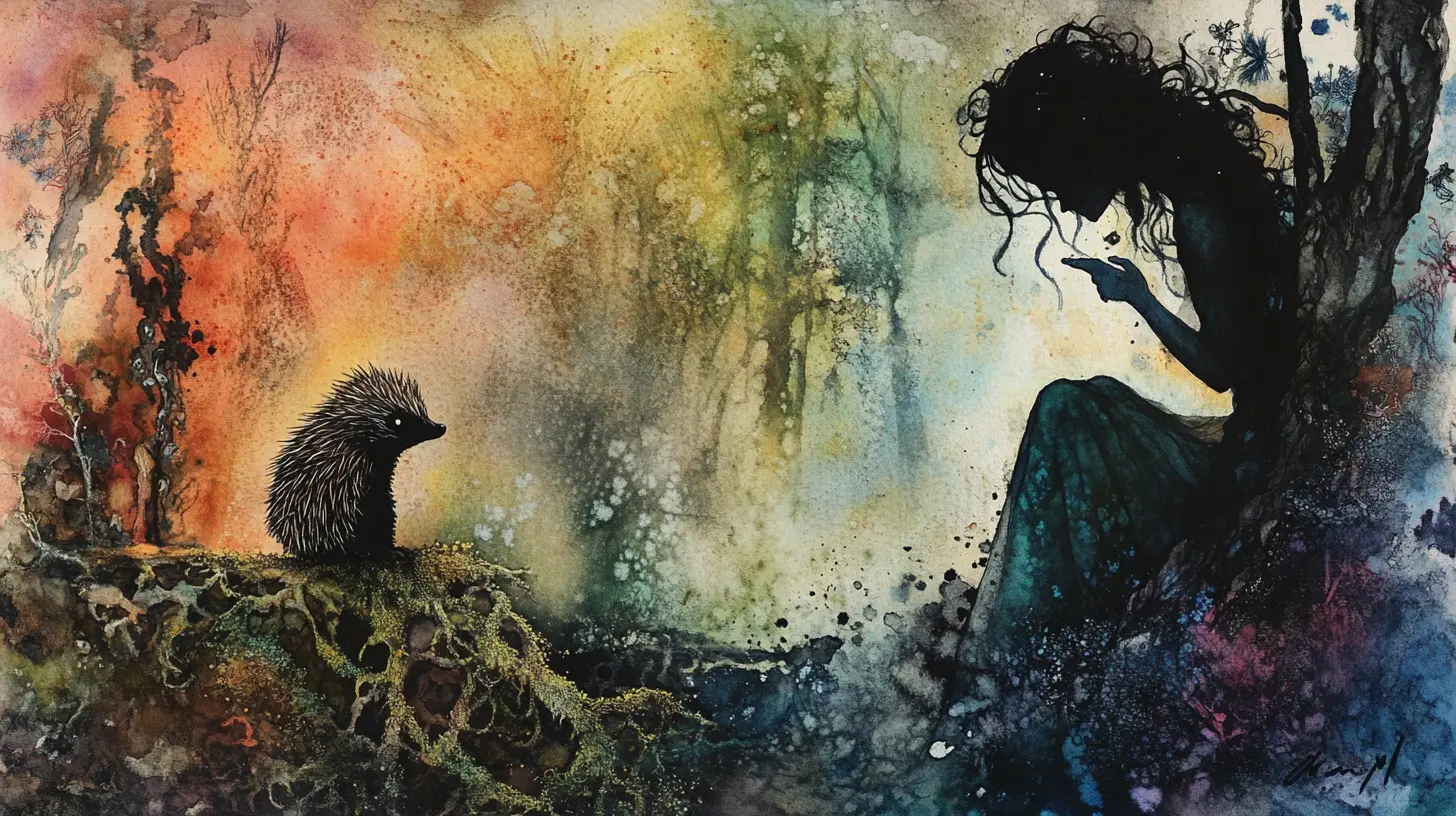 Elfe et Hérisson dans une Peinture Minimaliste de Forêt Fantastique