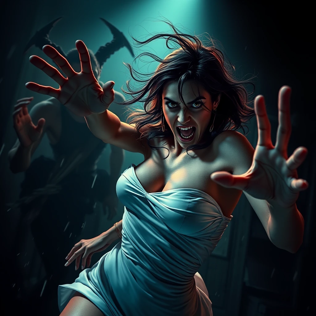 Mujer surrealista huyendo de un demonio de sombra amenazante en la oscuridad