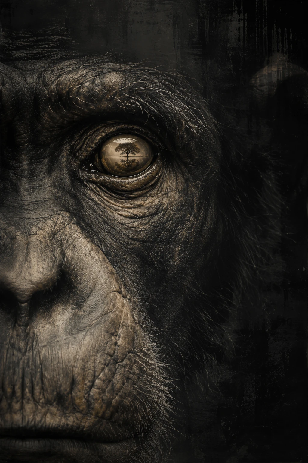 Surreal extreme close up of a chimpanzee eye with tree reflection