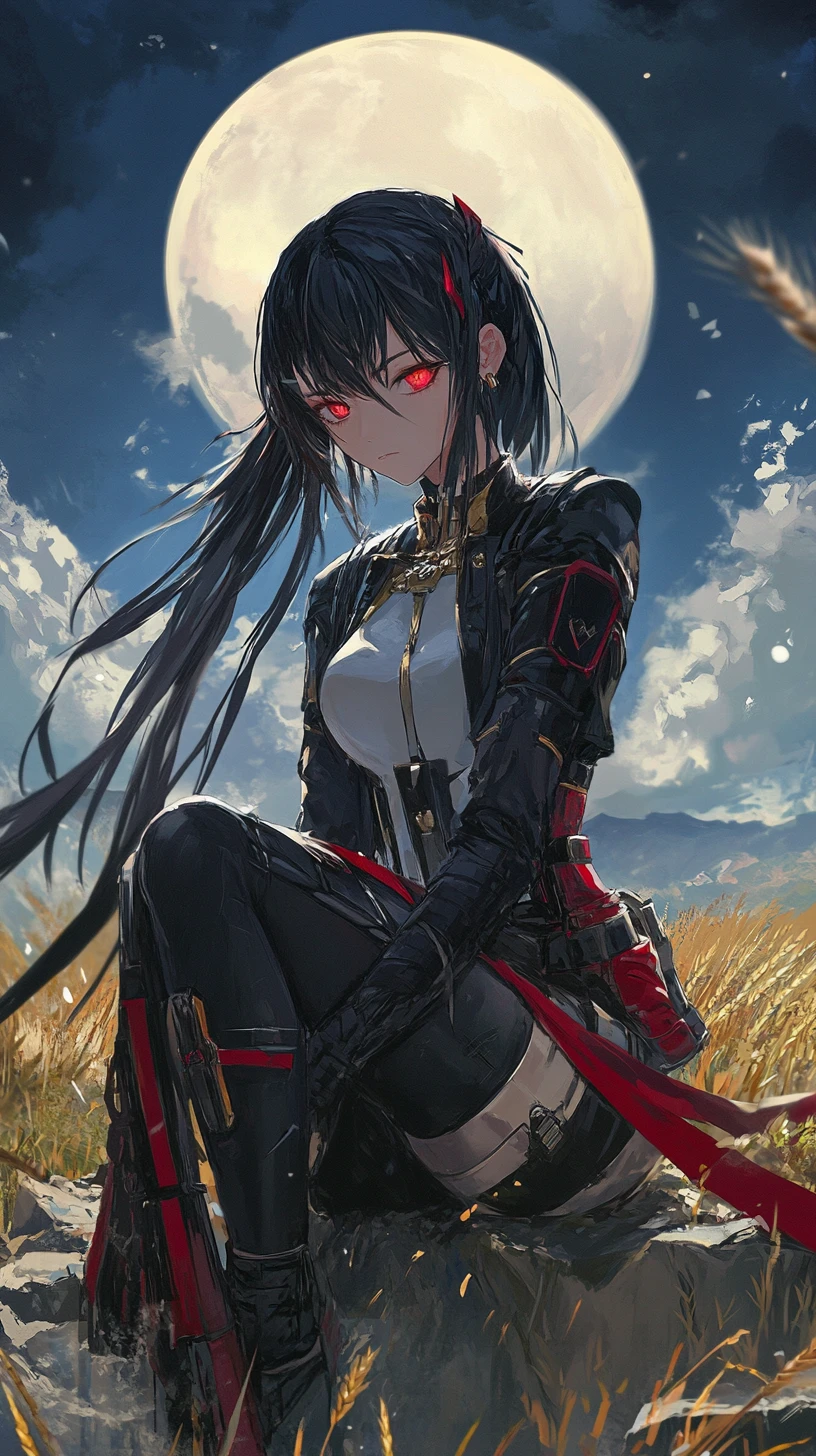 Garota de anime em mundo de círculos de pedra em camadas ao entardecer