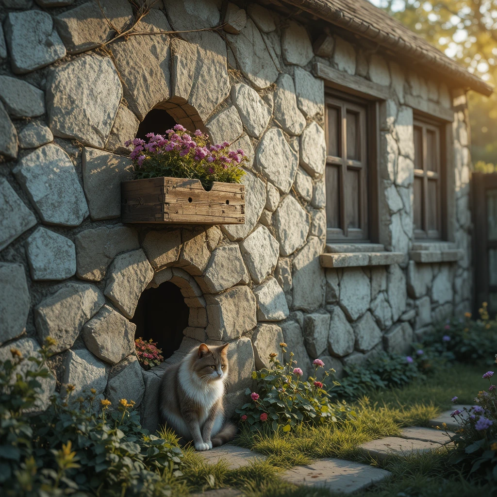 Perserkatze beobachtet ein Mausloch an der Cottage-Mauer bei Sonnenuntergang