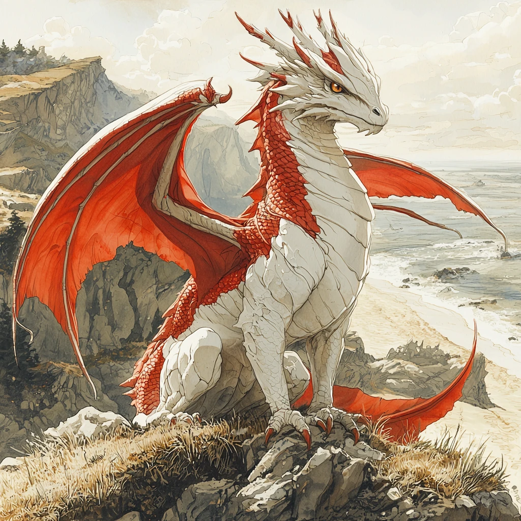 Dragão vermelho e branco em uma montanha gramada sobre o mar