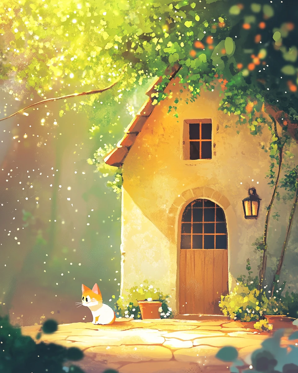 Illustrazione fiabesca per libro per bambini in stile anime con morbidi toni pastello