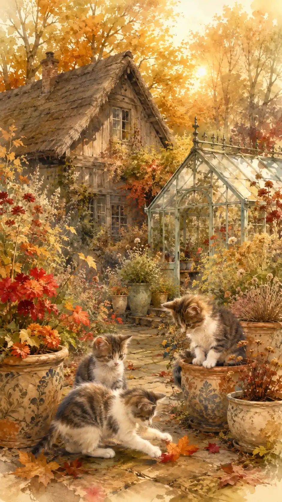 Autumn country garden close up with playful cats