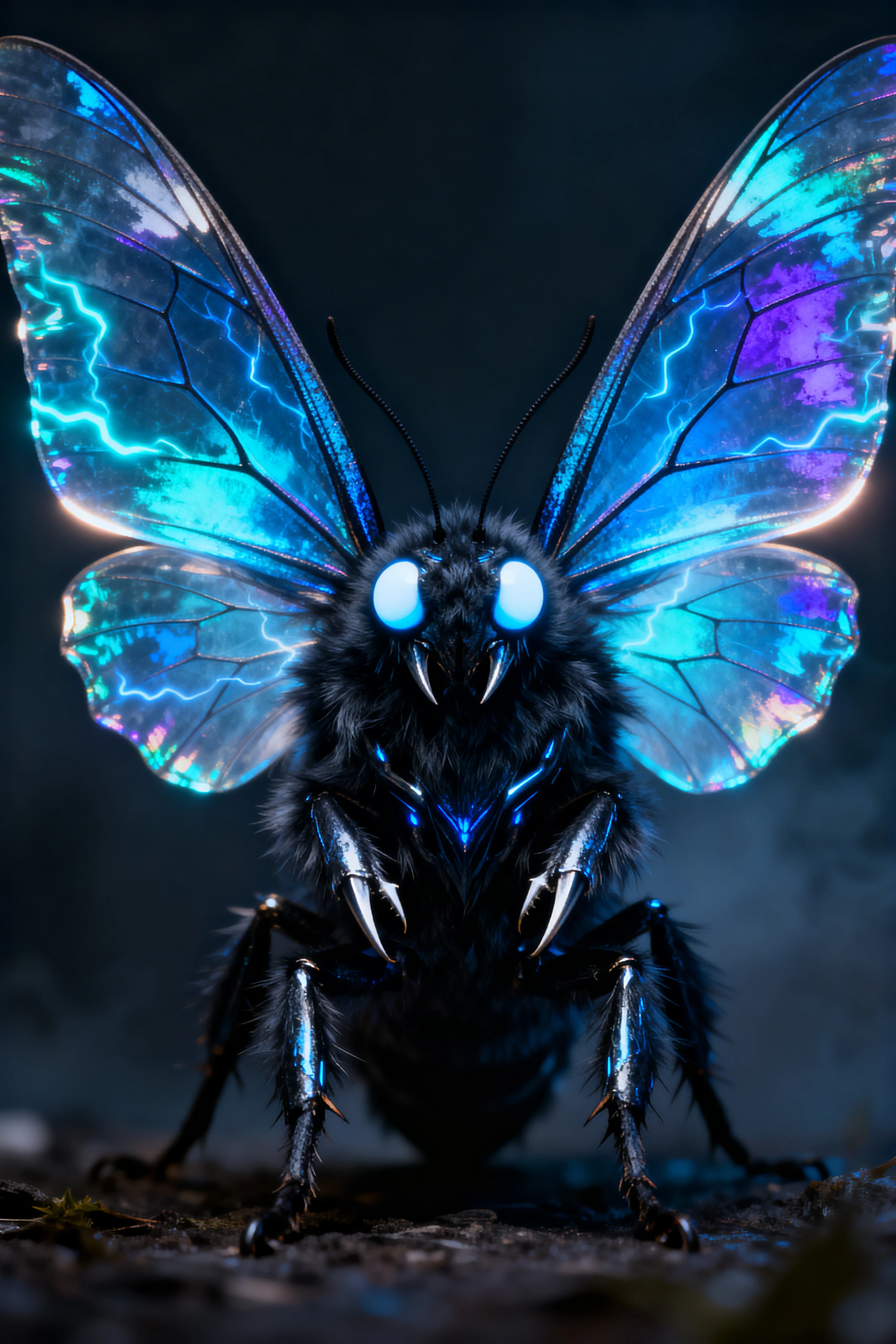 Mariposa fantástica majestosa com asas azuis iridescentes e luminosas
