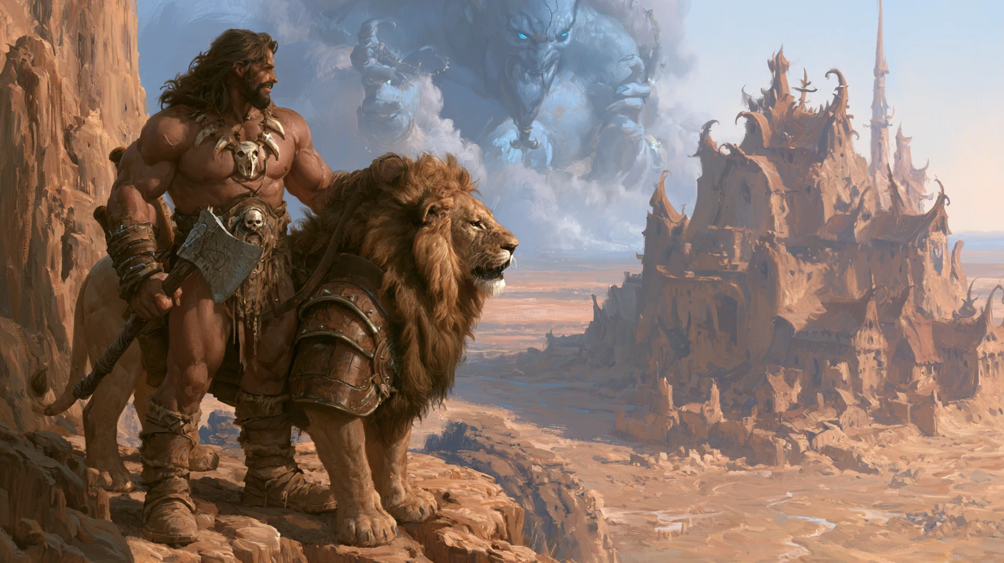 Barbare et lion cuirassé face à un djinn du désert menaçant