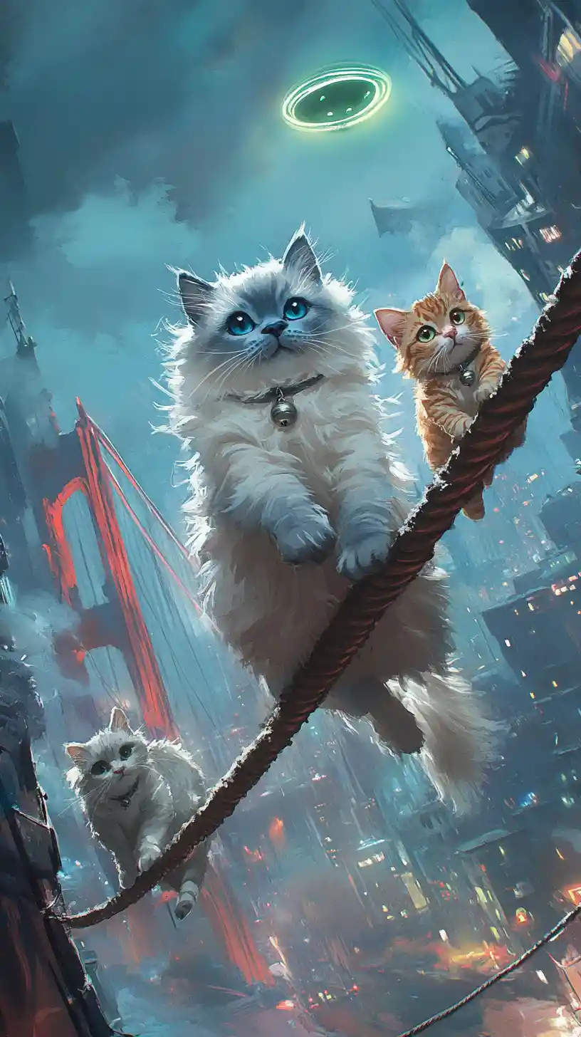 Adventurous watercolor cats crossing a cable above the bay