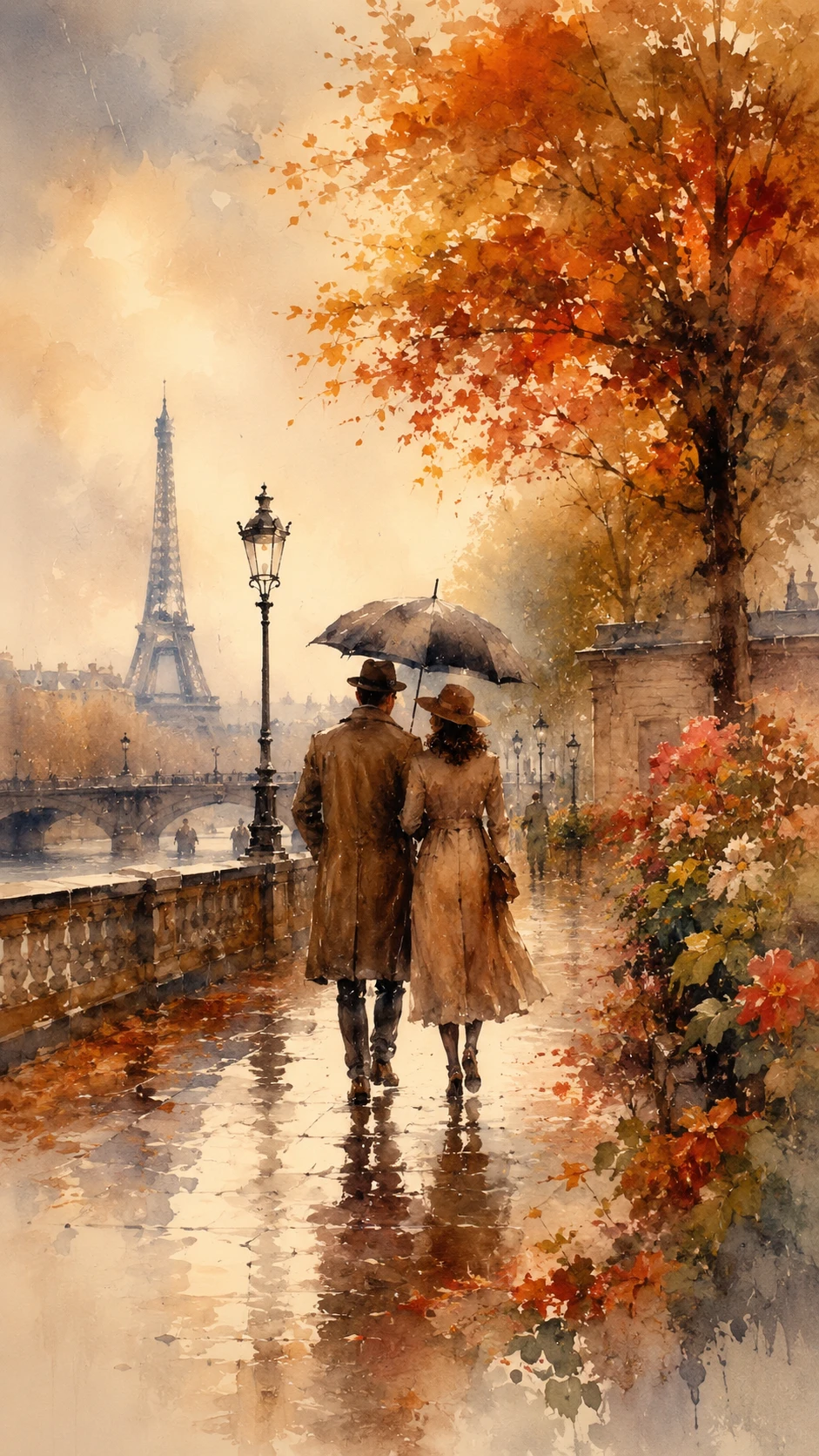 Coppia romantica che passeggia sotto la pioggia autunnale in una via di Parigi