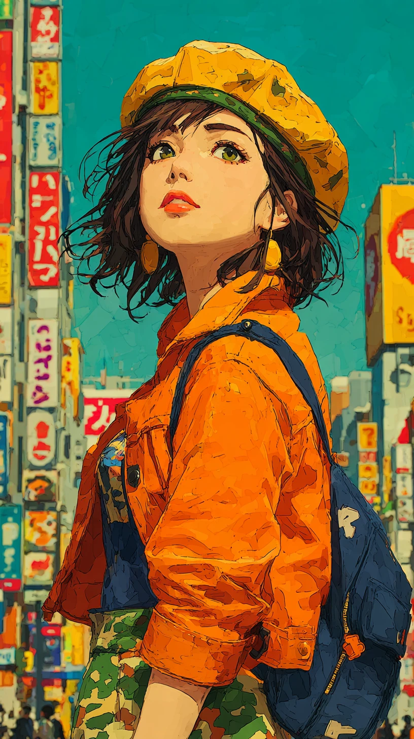 Garota de anime estilosa em uma rua colorida da cidade