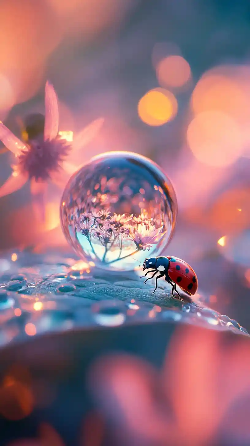 Macro ladybug on dewy leaf with crystal raindrop
