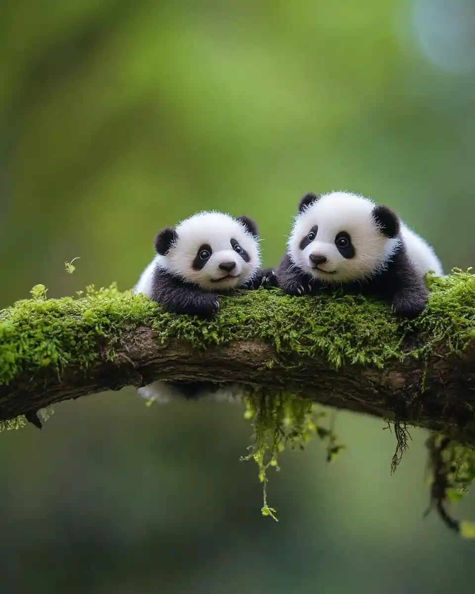 Tiny pandas on both sides of a quiet river
