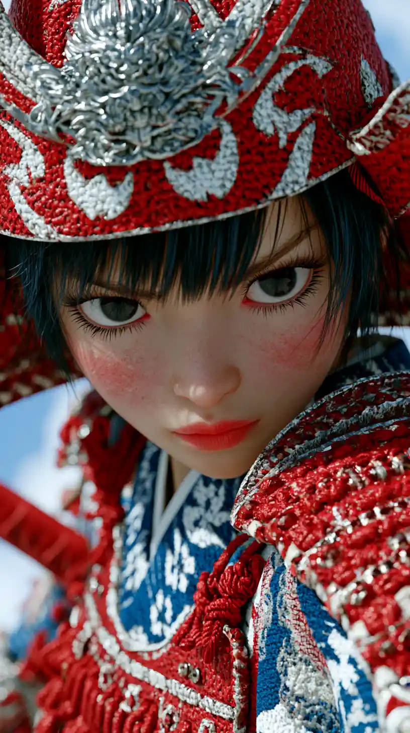 Young samurai girl in ornate armor close up portrait