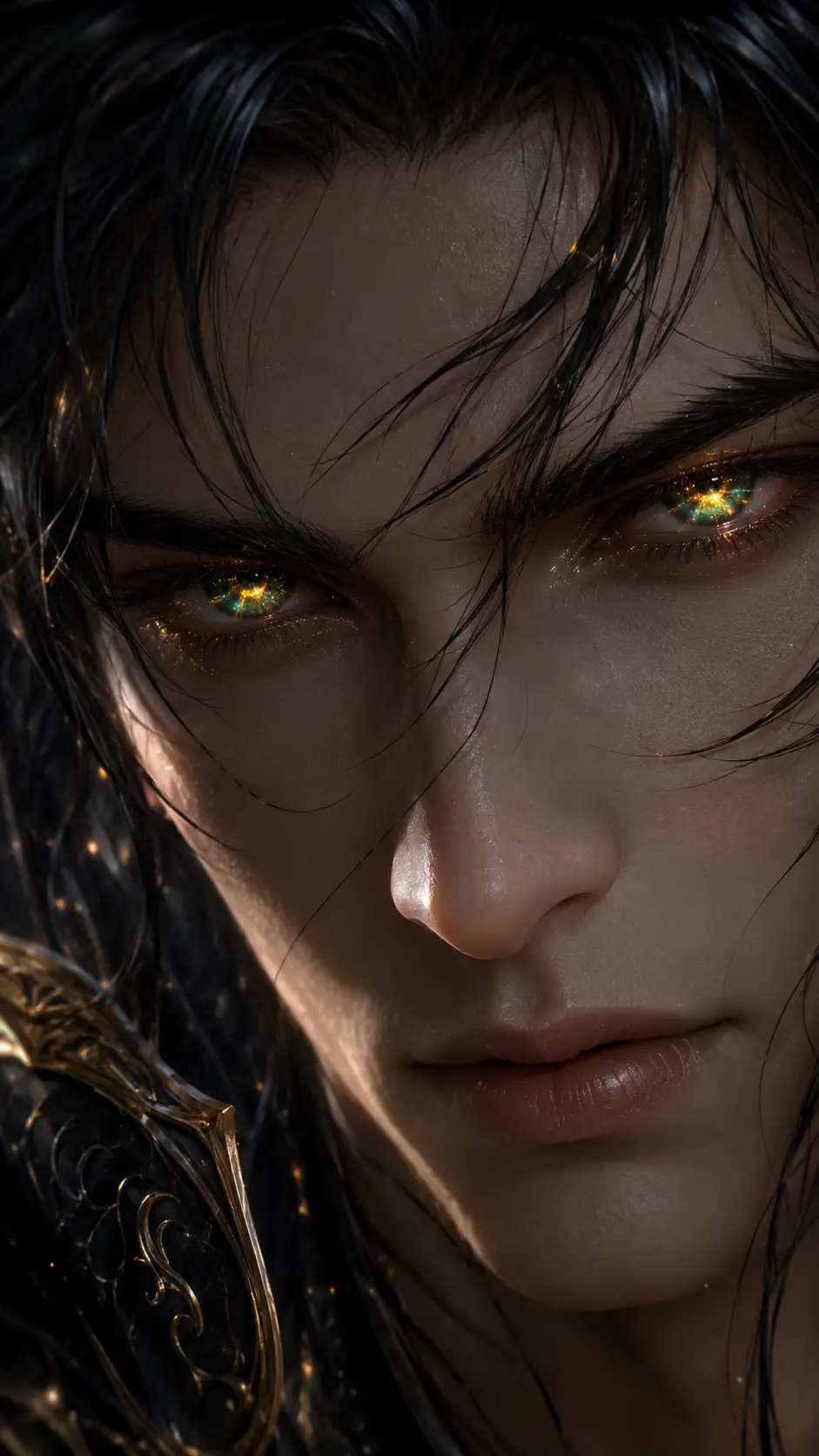 Ethereal close up of a beautiful man with glowing eyes