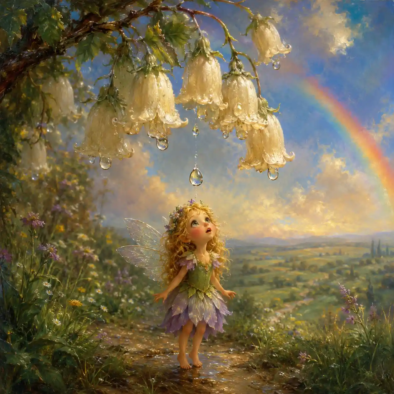 Tiny fairy under raindrop beneath ivory bell flowers