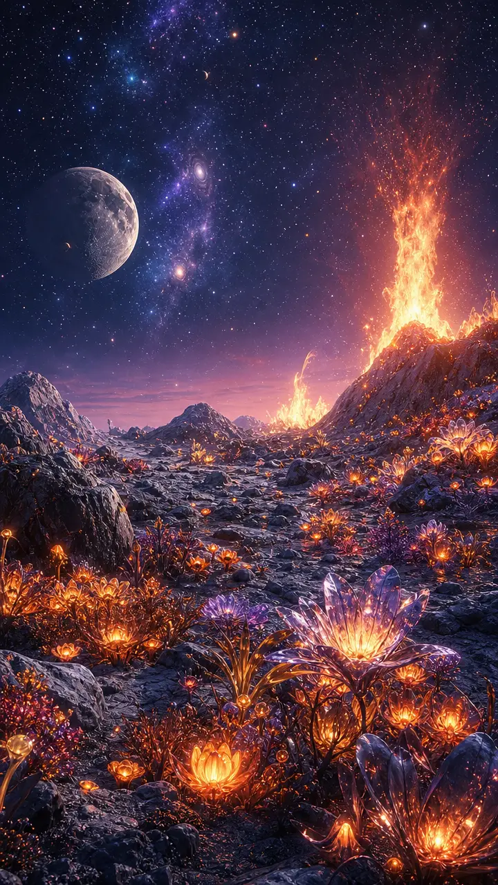 Glowing alien plants on a fiery lunar landscape