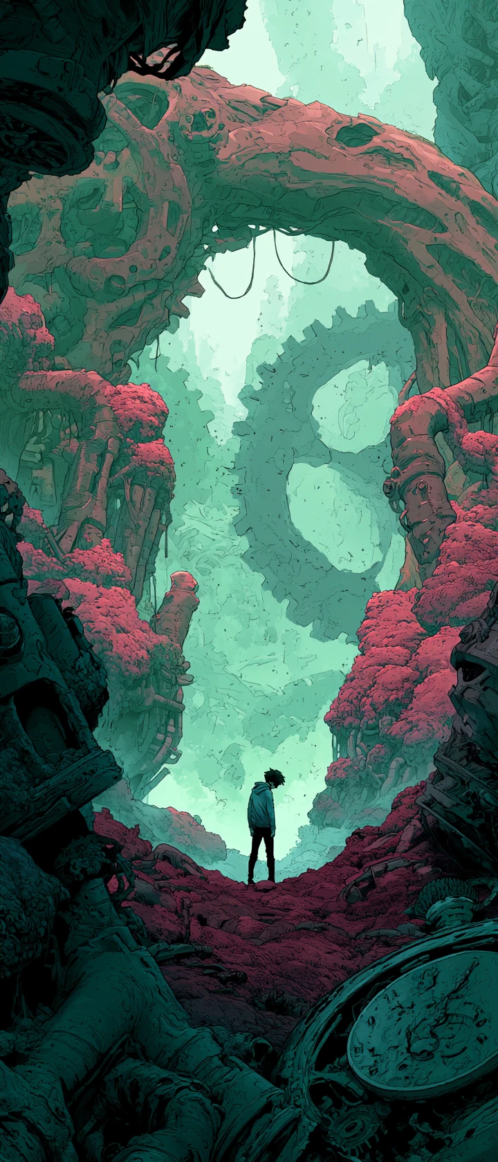 Grieving figure in surreal mechanical fantasy ruins