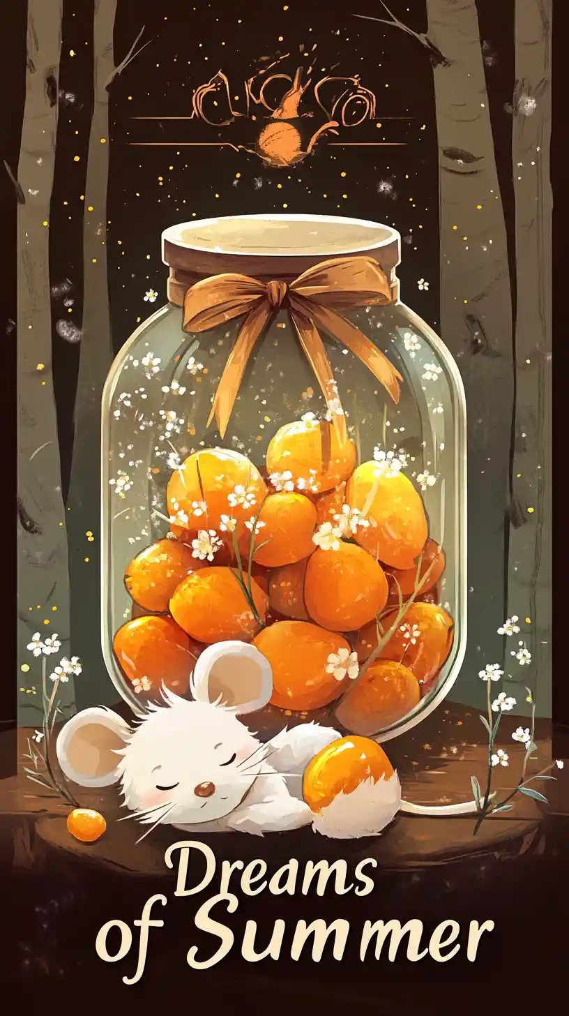 Sleeping cartoon mouse with stewed apricots in crystal jar