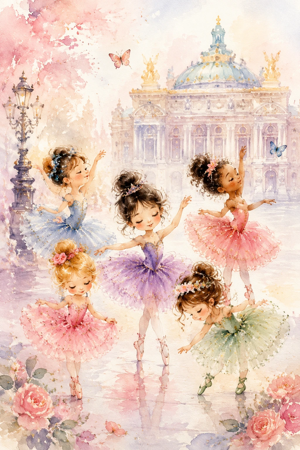 Pequenas bailarinas em aquarela dançando diante de uma ópera distante