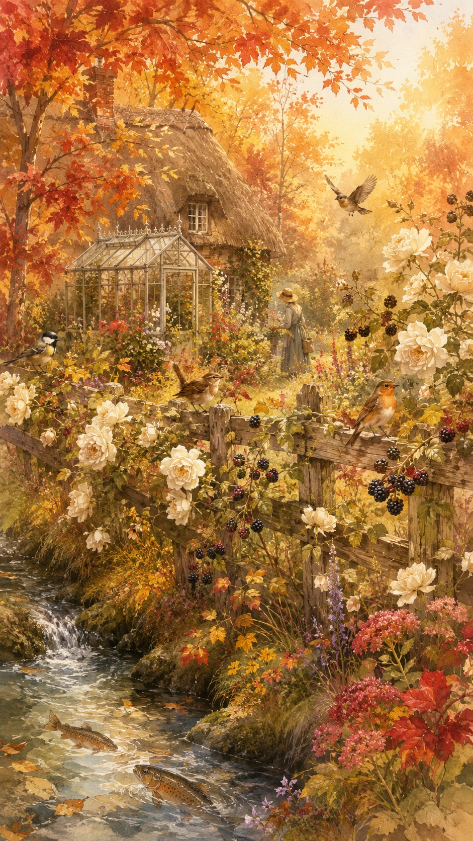 Autumn cottage garden with rustic fence and stream