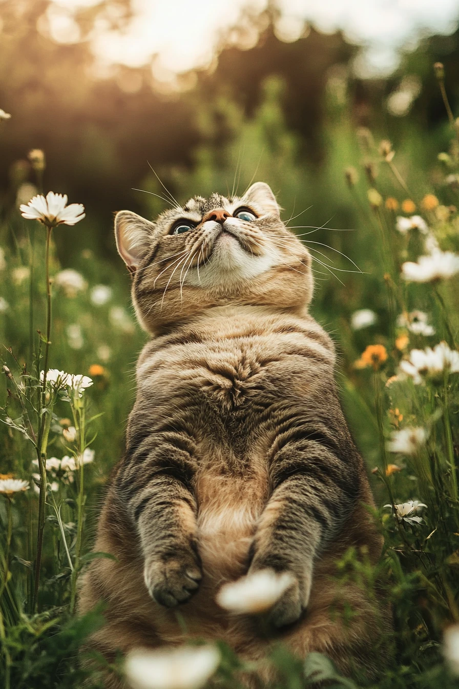 Gato gordinho se espreguiçando em um colorido campo de flores