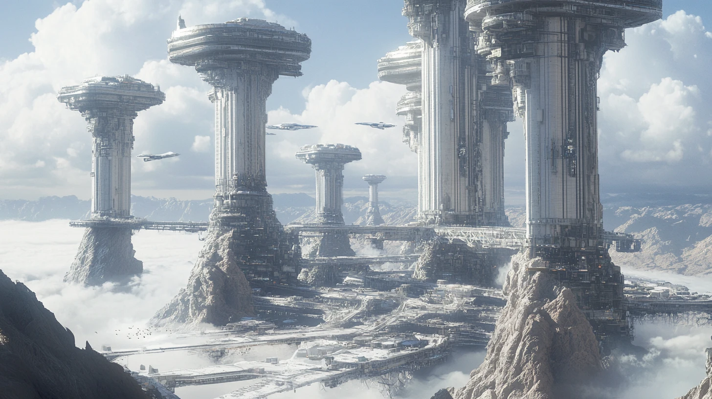 D’immenses villes futuristes s’élevant au-dessus d’un monde désertique toxique