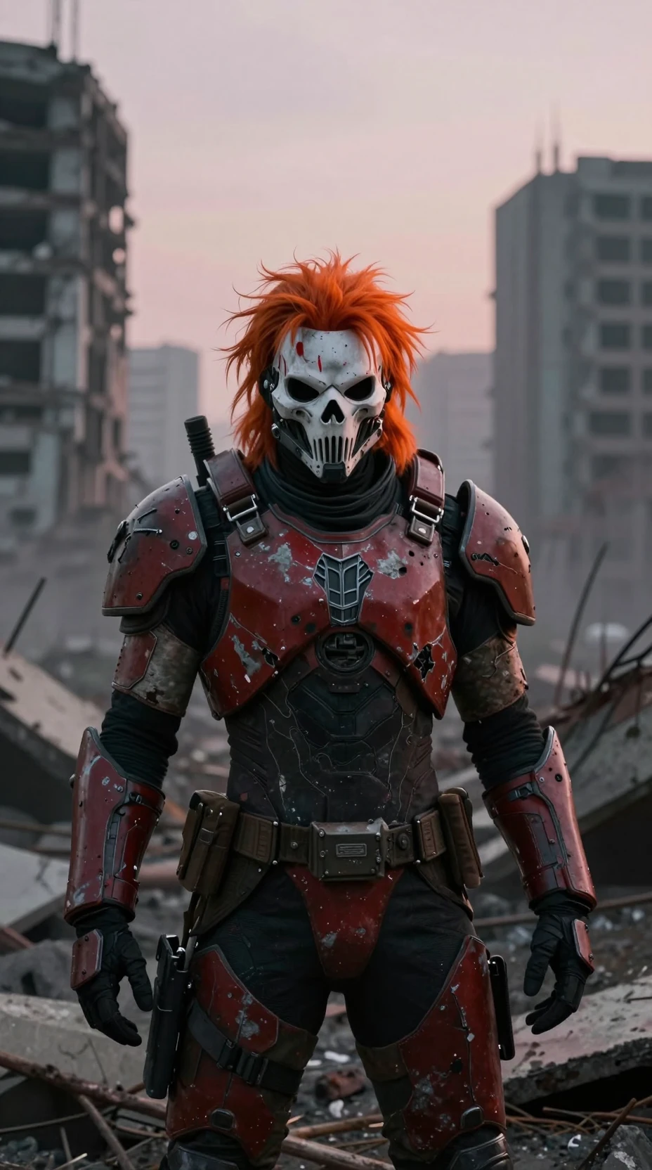Mercenário mascarado em cidade futurista arruinada ao anoitecer