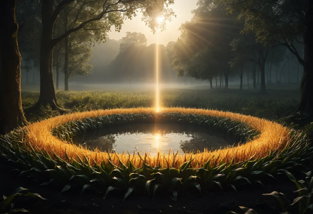 Cercle de maïs mystique brillant dans la douce lumière dorée de l’aube