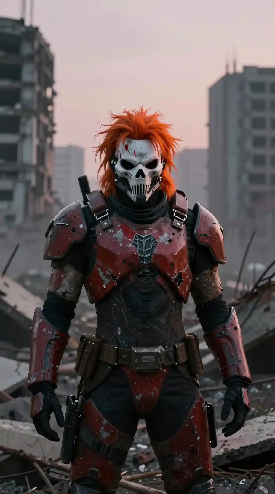 Mercenaire masqué dans une ville futuriste en ruines au crépuscule