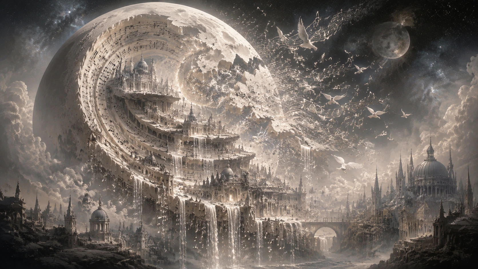 Luna surreal que se abre en ciudades flotantes y música