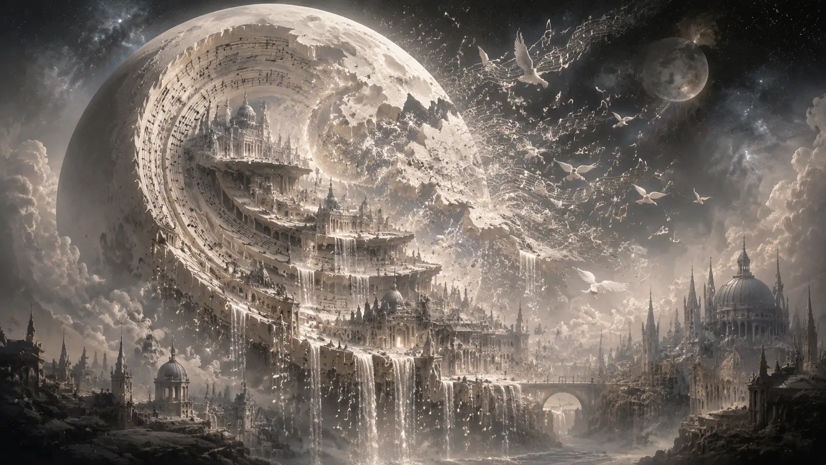 Surreal Moon Opening Into Floating Cities And Music