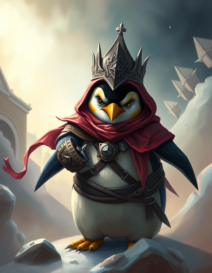 Pinguino arrabbiato vestito da fanciulla guerriera medievale