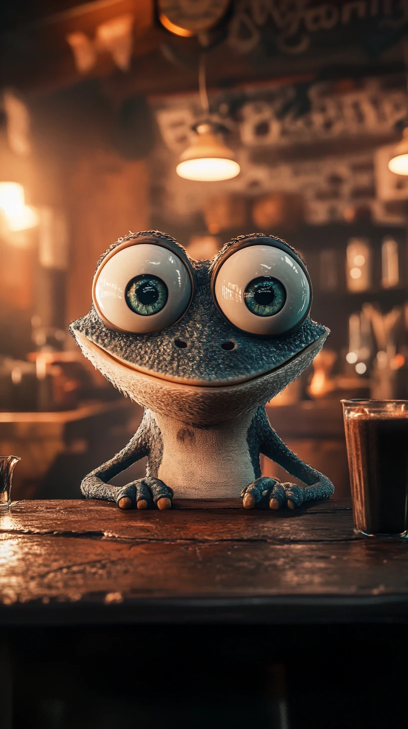 Personagem antropomórfico com expressão presunçosa em close cinematográfico