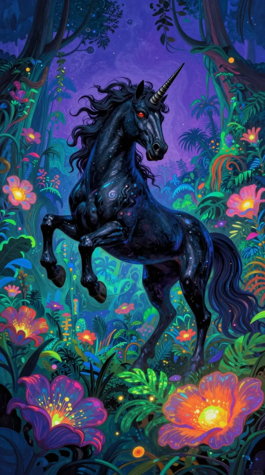 發光迷幻叢林夢境中的黑色獨角獸