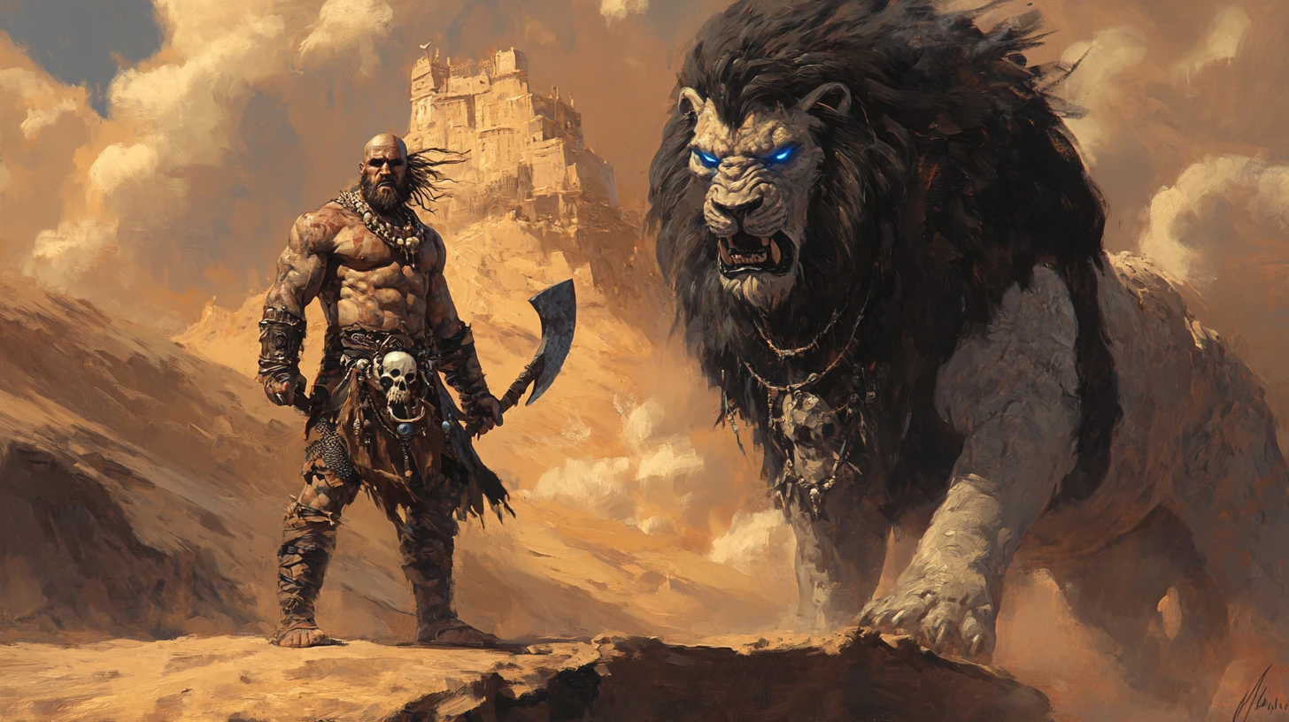 Barbare et lion cuirassé face à un djinn du désert menaçant