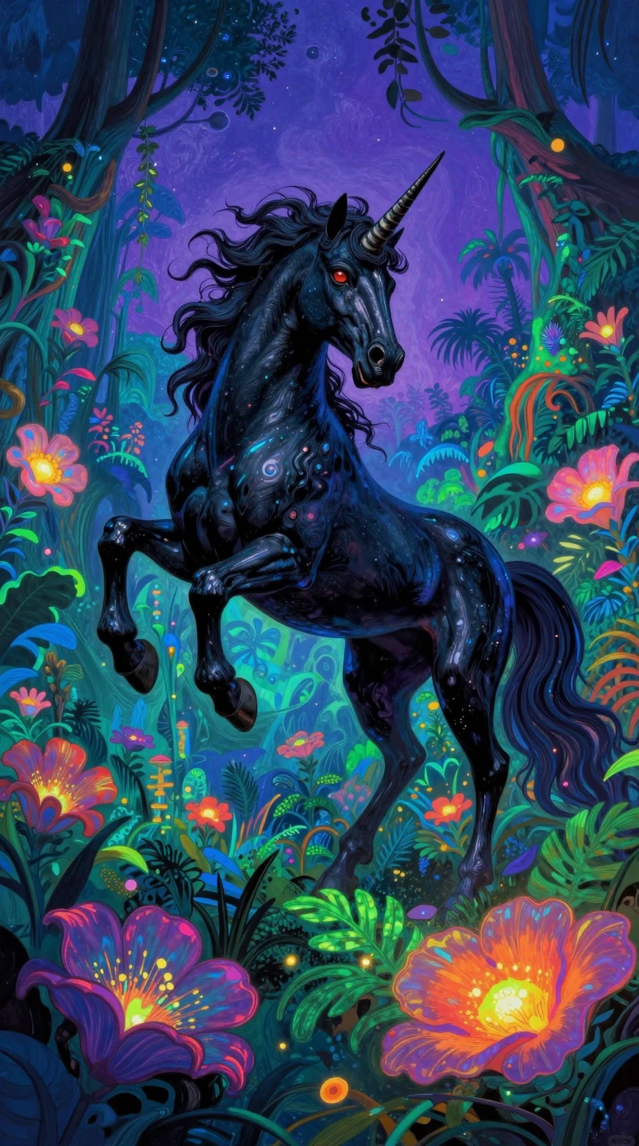 Unicornio negro en una jungla onírica psicodélica y luminosa
