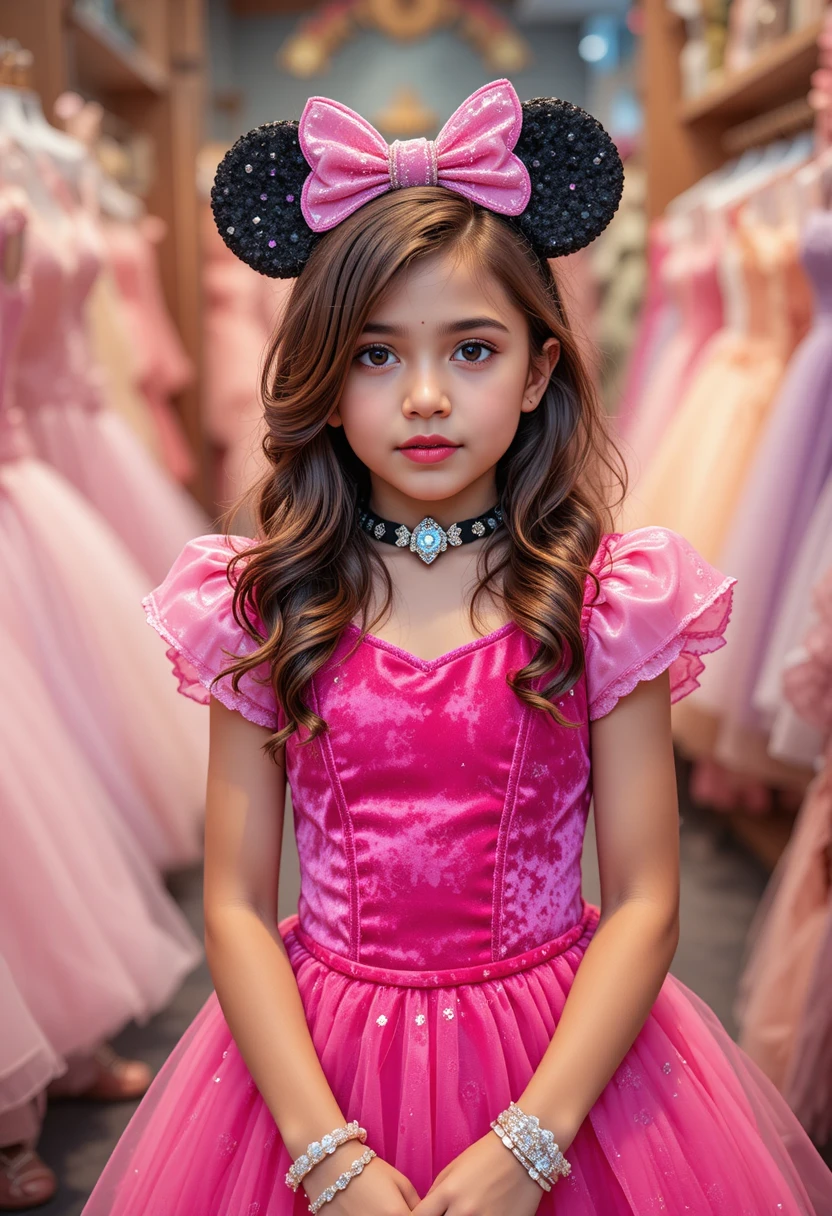 Menino envergonhado com vestido rosa da Minnie em loja da Disneyland