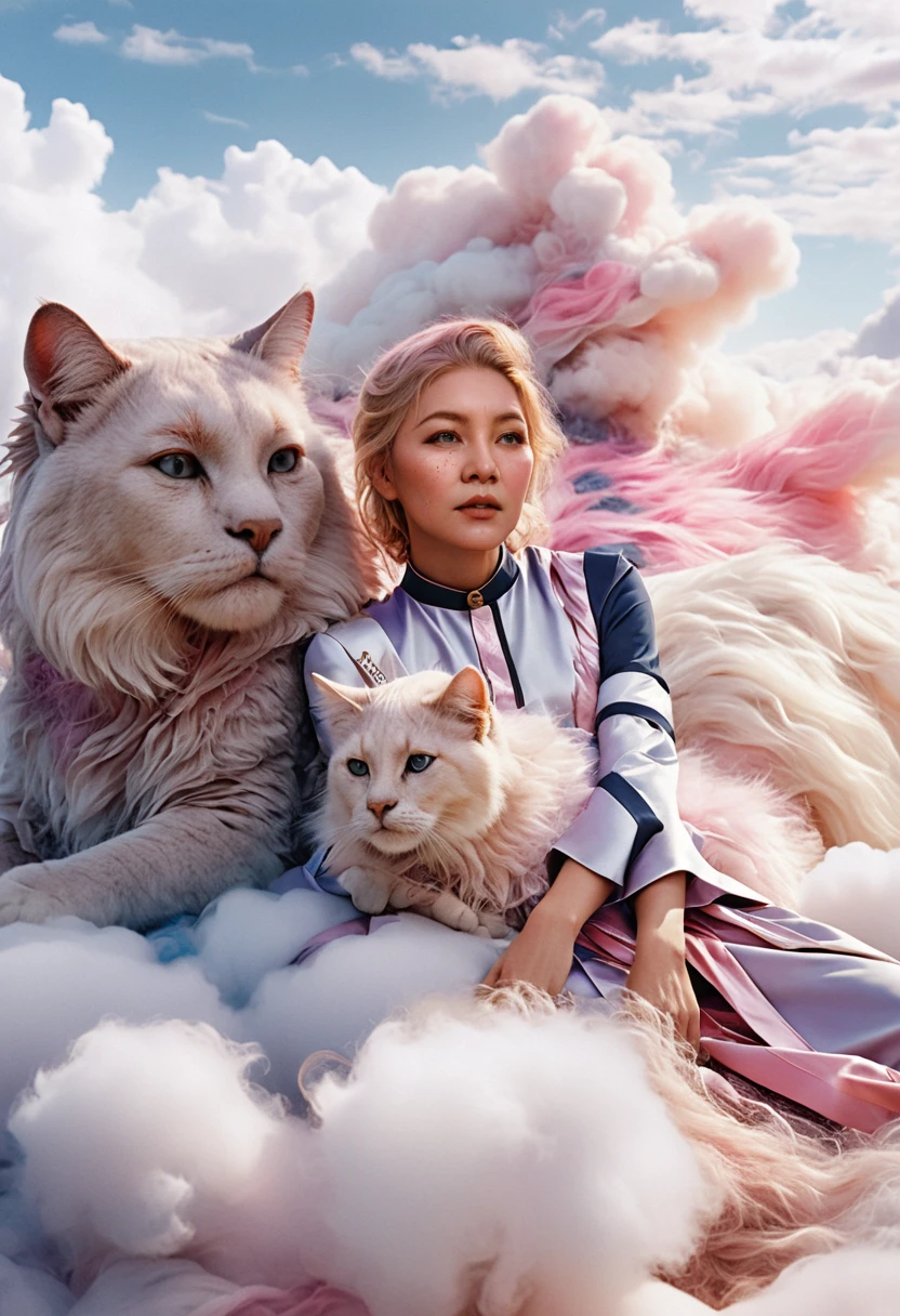 Engel, der auf einer riesigen Katze in einer surrealen Traumlandschaft ruht