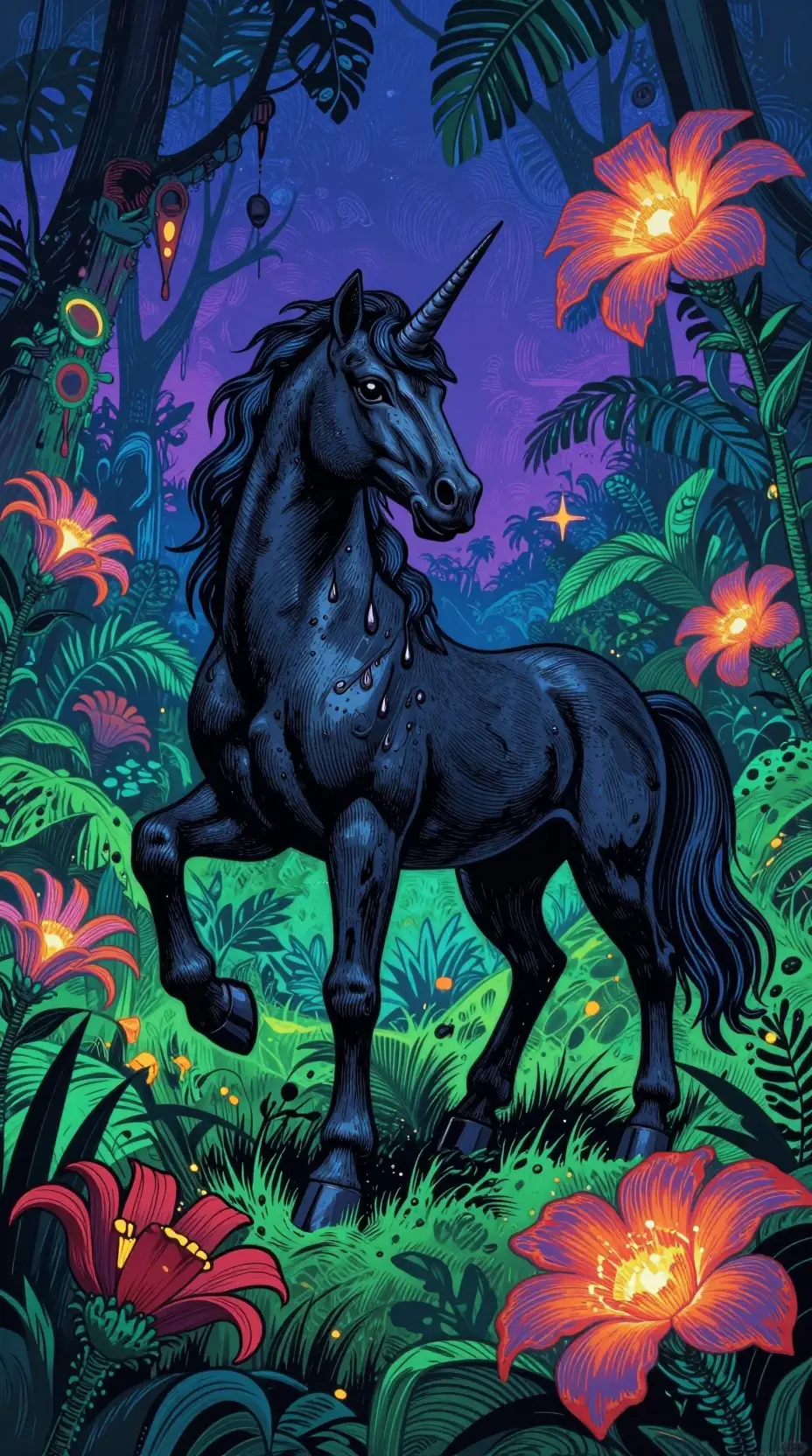 黑色獨角獸於超現實迷幻叢林夜景中