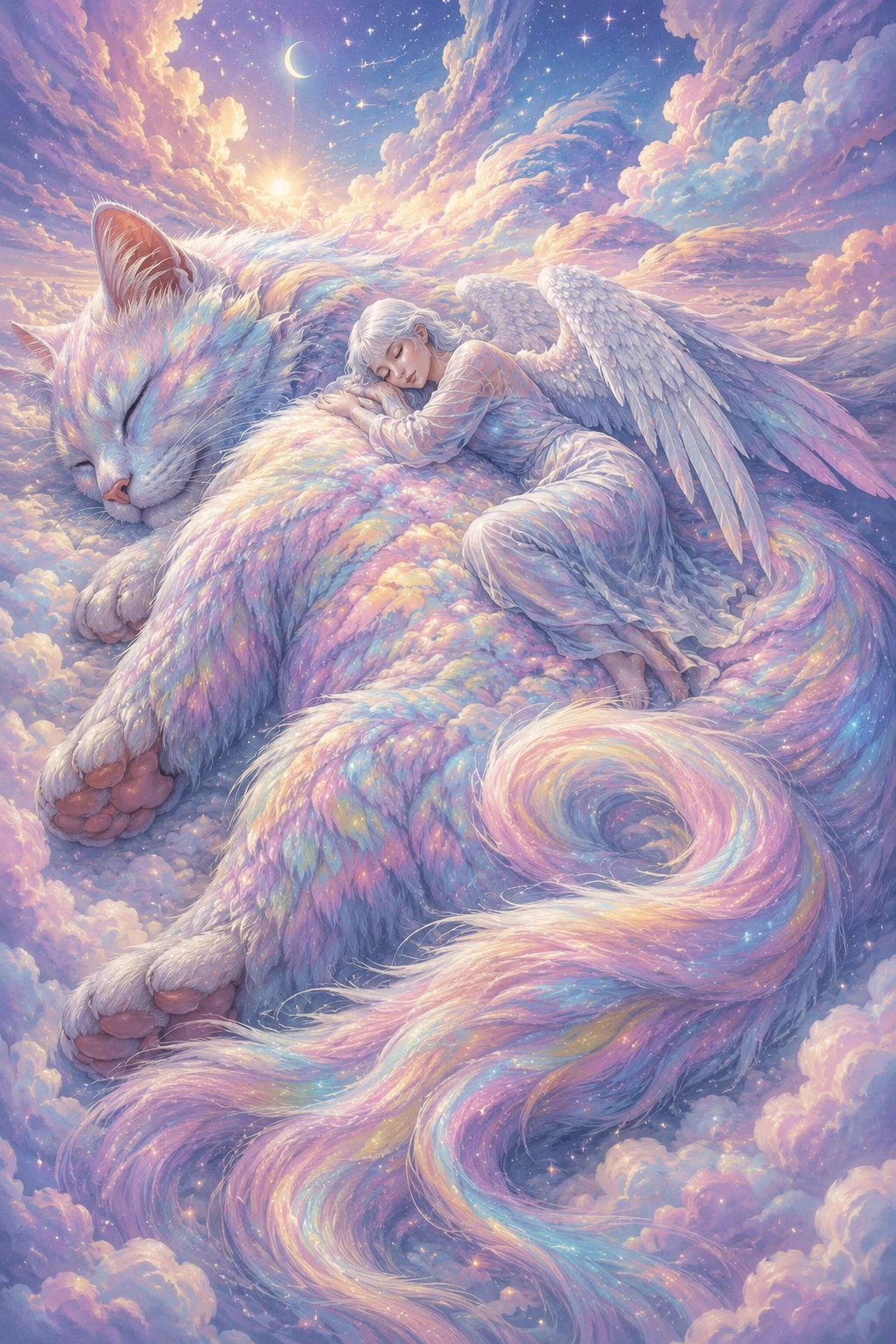 Ange paisible reposant sur un colossal chat endormi